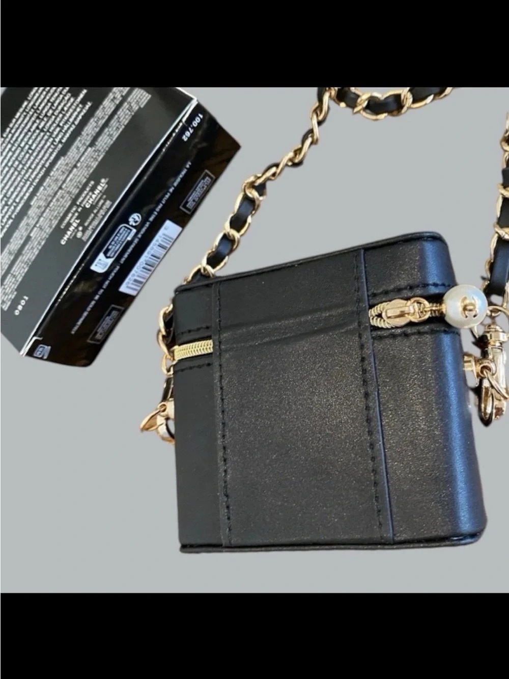 Chanel Pearl Zipper Pull Black Makeup Lipstick Case Crossbody Pouch Bag